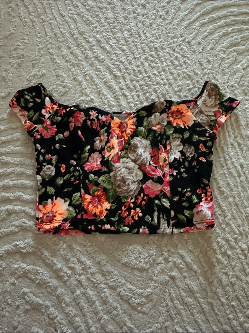 Charlotte Russe Black Floral Crop Top with Cap Sleeves
